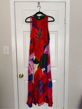 Anthropologie - FARM RIO- Red Floral Maxi Dress with Green Neckline